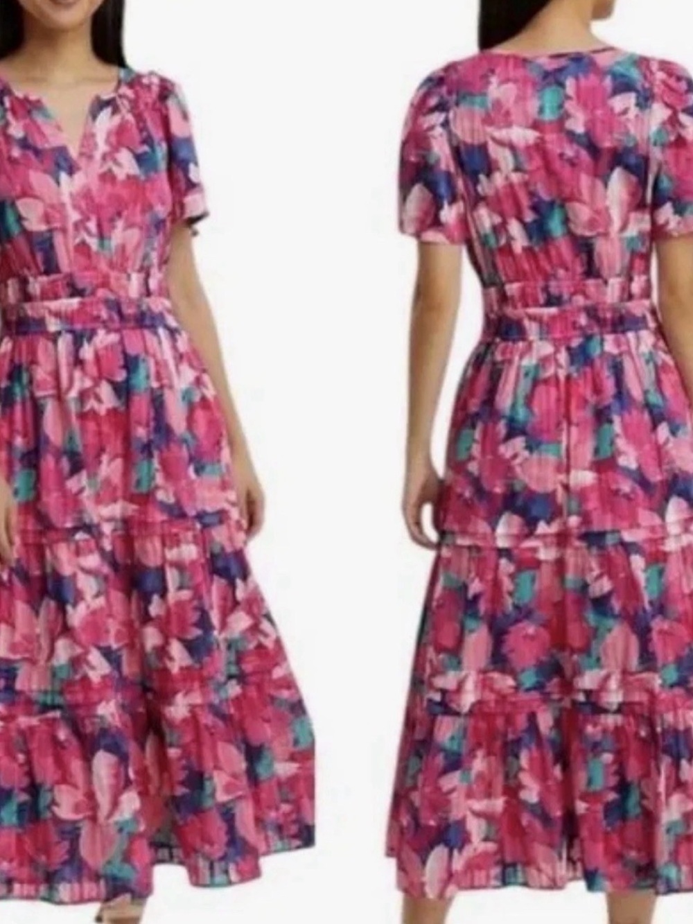 Draper James Pink Floral Tiered Maxi Dress with Teal Accents